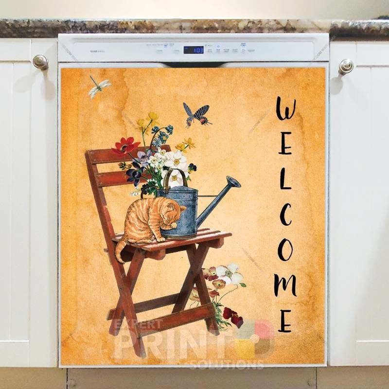 Orange Cat and Flowers - Welcome Dishwasher Sticker