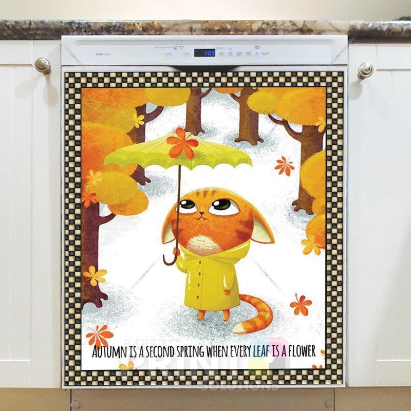 Cute Little Cat with an Umbrella - Autumn is a Second Spring When Every Leaf is a Flower Dishwasher Sticker