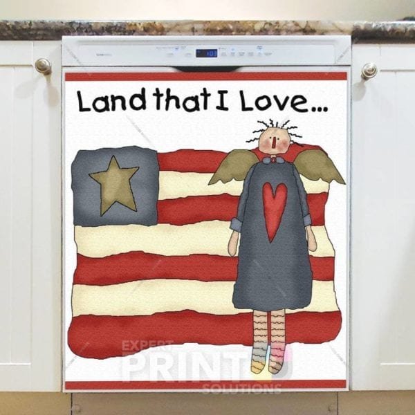 Prim Country US Flag and Angel - Land that I Love Dishwasher Sticker