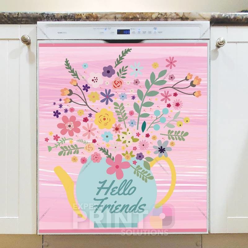 Teapot with Garden Flowers - Hello Friends Dishwasher Sticker