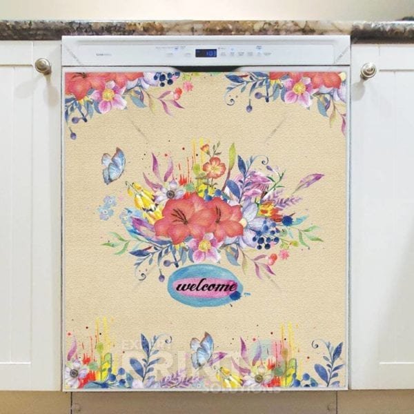 Welcome with Cute Garden Flowers Dishwasher Sticker