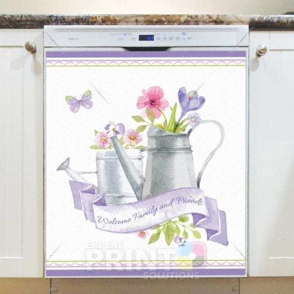 Cute Watering Can with Flowers - Welcome Family and Friends Dishwasher Sticker