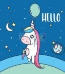 1503-cute-unicorn-with-a-balloon-hello Cute Unicorn with a Balloon - Hello Dishwasher Sticker
