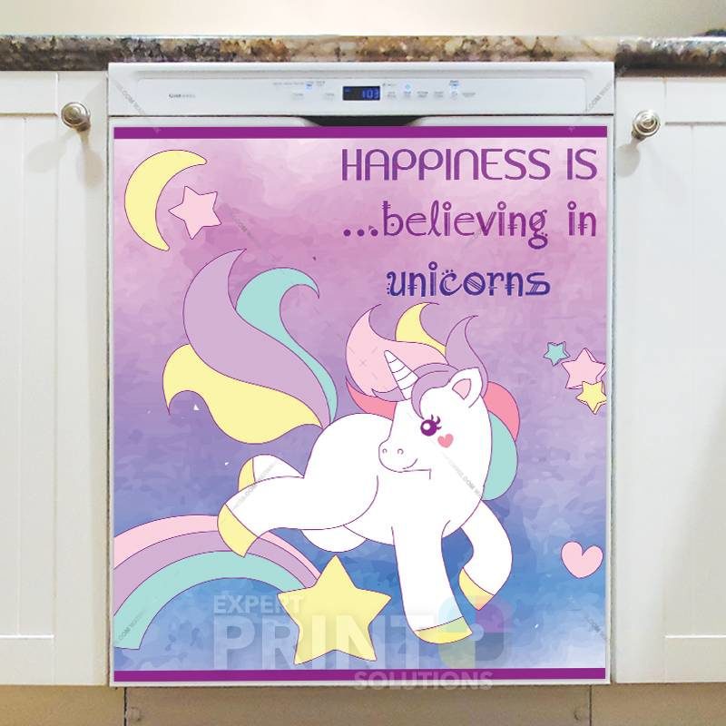 Funny Unicorn Saying #3 - Happiness is believing in unicorns Dishwasher Sticker