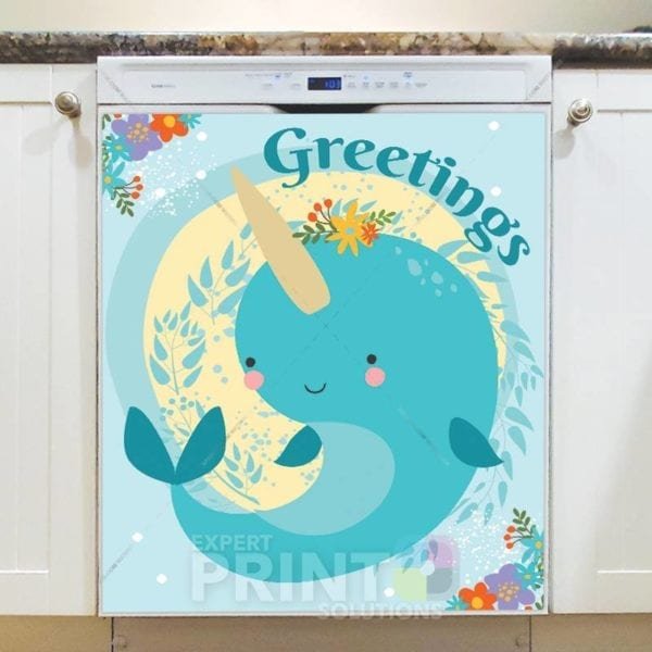 Cute Greeting Narwhal - Greetings Dishwasher Sticker