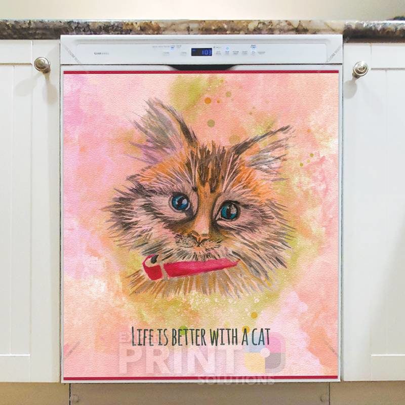 Cute Kitten Watercolor Style - Life Is Better With a Cat Dishwasher Sticker