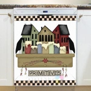 Prim Shelf with Candles and Saltbox Houses - Primitives Dishwasher Sticker
