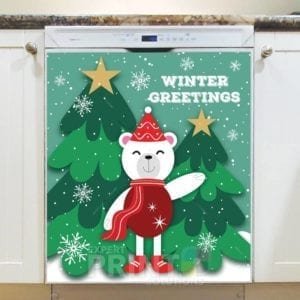 Christmas - Polar Bear and Christmas Trees - Winter Greetings Dishwasher Sticker