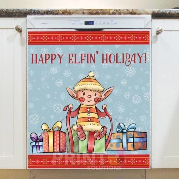 Christmas - Cute Christmas Elf - Happy Elfin' Holiday Dishwasher Sticker