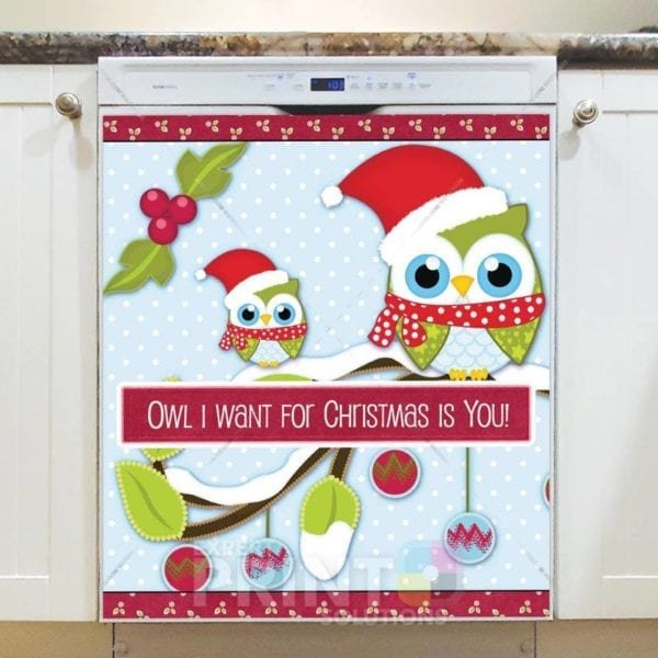 Christmas - Cute Love Owls - Owl I Want for Christmas is You Dishwasher Sticker