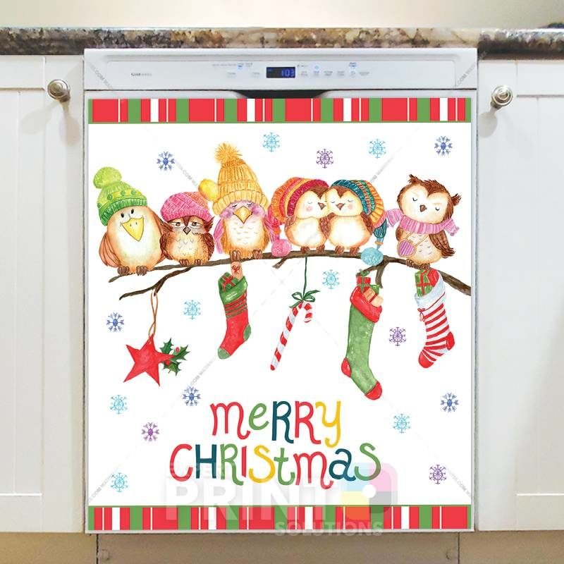 Christmas - Cute Owl Family - Merry Christmas Dishwasher Sticker