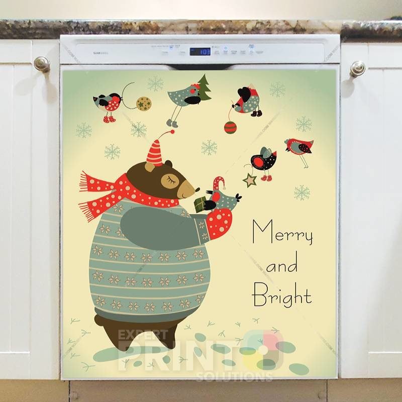 Christmas - Papa Bear and Birdies - Merry and Bright Dishwasher Sticker