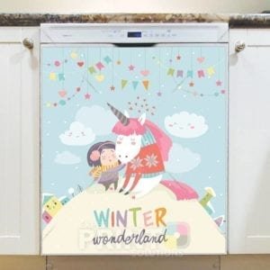Christmas - Christmas Unicorn and a Girl - Winter Wonderland Dishwasher Sticker
