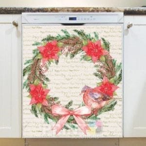 Christmas - Poinsettia Wreath and Bird Dishwasher Sticker
