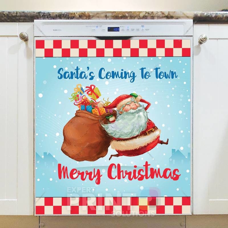 Christmas - Cute Running Santa Claus - Santa's Coming to Town Merry Christmas Dishwasher Sticker