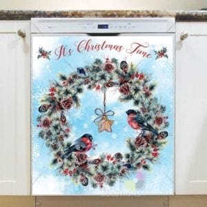 Christmas - Bullfinch Christmas Wreath - It's Christmas Time Dishwasher Sticker