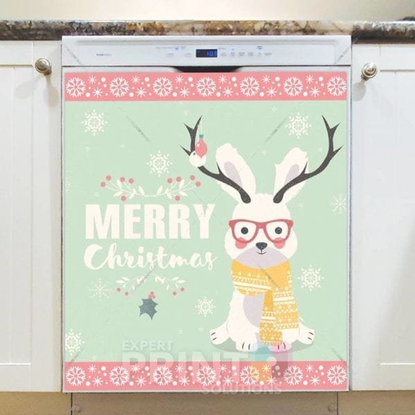 Christmas - Cute Hipster Bunny - Merry Christmas Dishwasher Sticker
