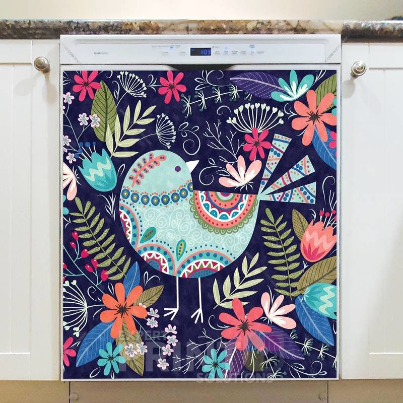 Folk Art Bird and Flowers Dishwasher Sticker