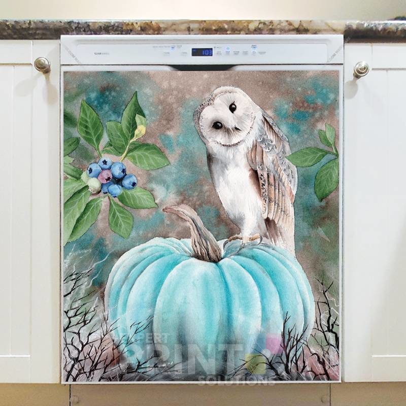 Cute Barn Owl Sitting an a Blue Pumpkin Dishwasher Sticker