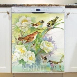 White Flowers and Birds Dishwasher Sticker