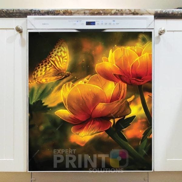 Yellow Butterfly and Flowers Dishwasher Sticker