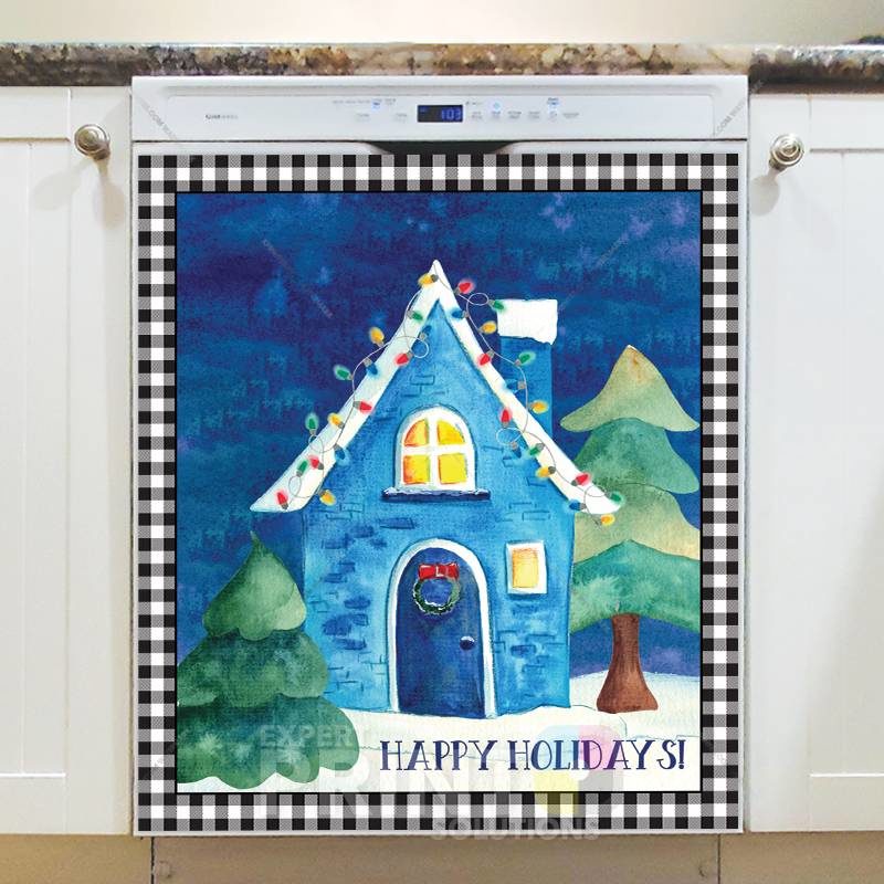 Cute Blue Christmas Cottage - Happy Holidays Dishwasher Sticker