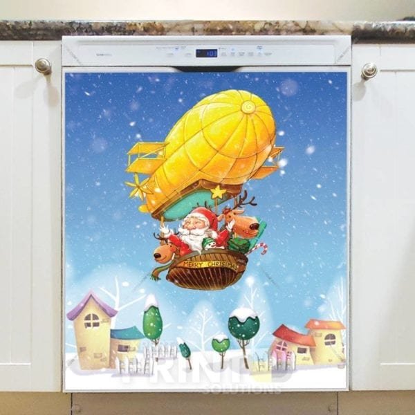 Christmas - Santa and Reindeers in an Air Balloon Dishwasher Sticker