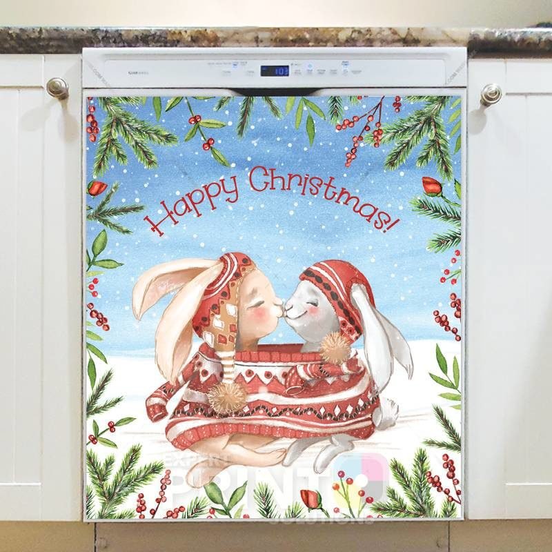 Cute Christmas Bunny Couple - Happy Christmas Dishwasher Sticker