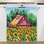 Cute American Barn in a Sunflower Field Dishwasher Sticker