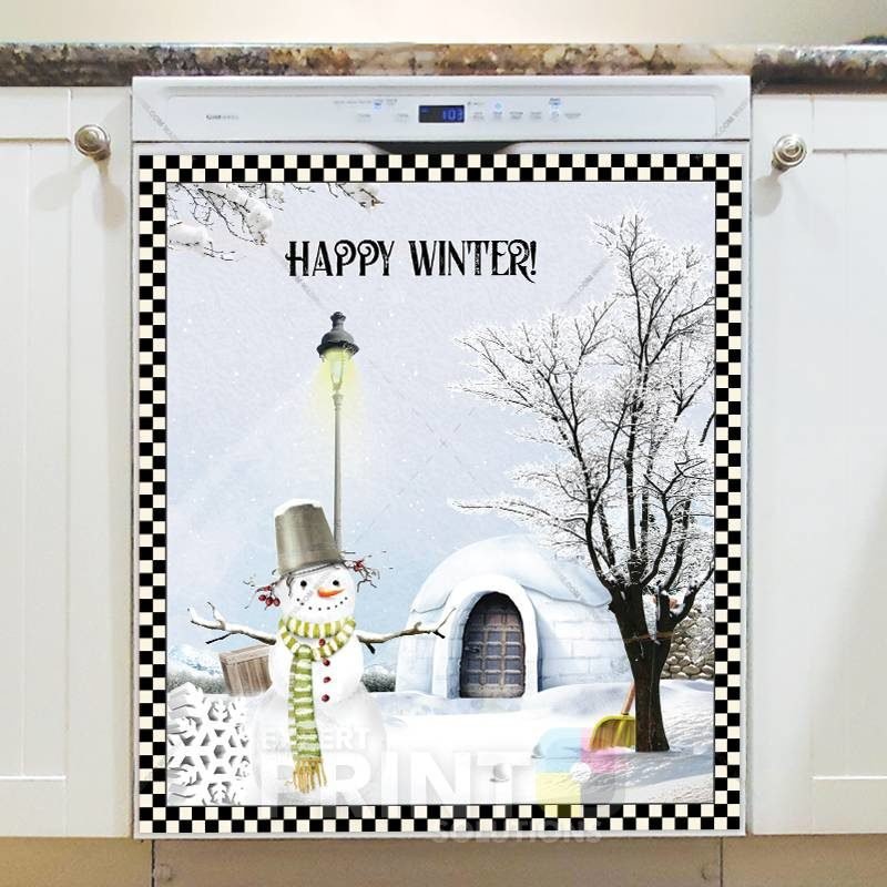 Christmas - Happy Snowman and an Igloo - Happy Winter Dishwasher Sticker