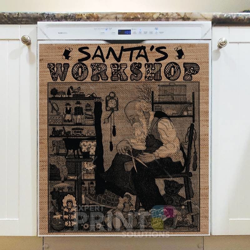 Farmhouse Burlap Pattern - Christmas #14 - Santa's Workshop Dishwasher Sticker