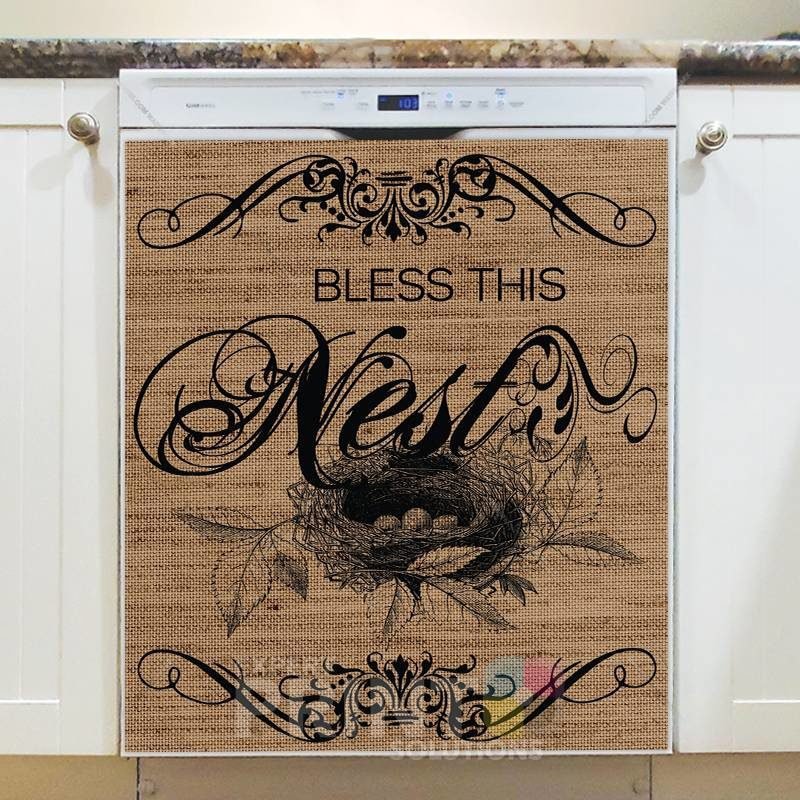 Farmhouse Burlap Pattern - Bless This Nest Dishwasher Sticker