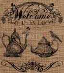 Farmhouse Burlap Pattern - Tea Party Birds - Welcome Sit Relax Enjoy Dishwasher Sticker