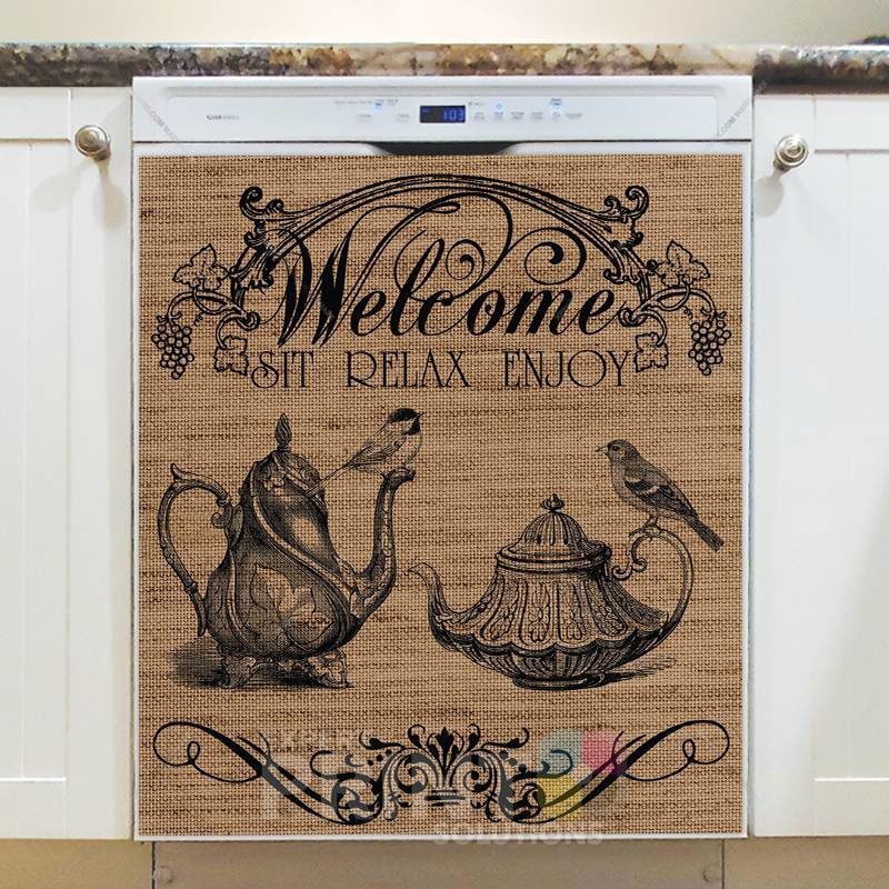 Farmhouse Burlap Pattern - Tea Party Birds - Welcome Sit Relax Enjoy Dishwasher Sticker