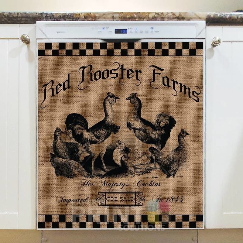 Farmhouse Burlap Pattern - Red Rooster Farm Dishwasher Sticker