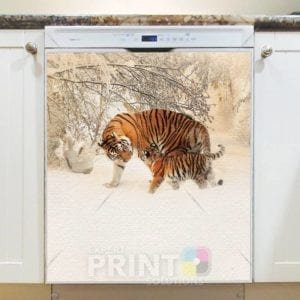 Christmas - Mom and Baby Tigers in the Snow Dishwasher Sticker