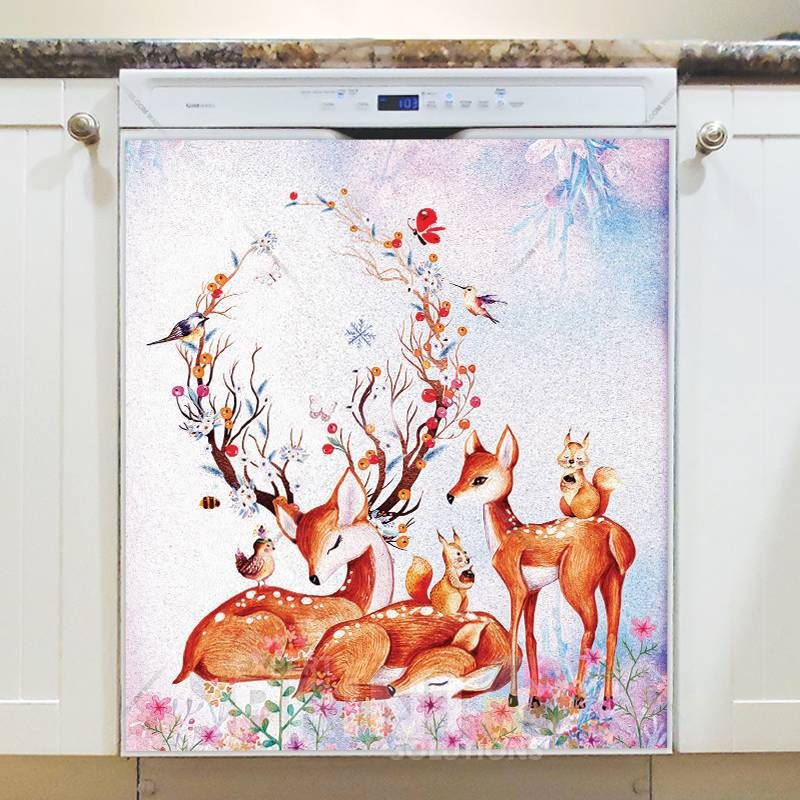 Beautiful Flower Deer Family #3 Dishwasher Sticker