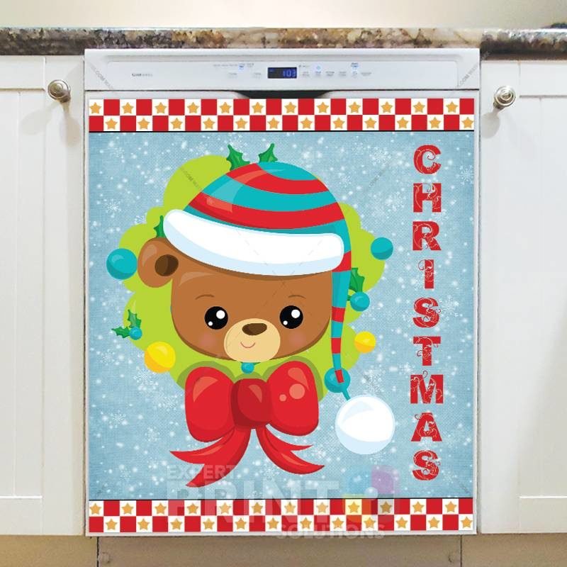Christmas - Teddy Bear in Elf Hat Dishwasher Sticker
