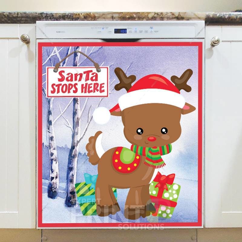 Christmas - Cute Little Reindeer - Santa Stops Here Dishwasher Sticker