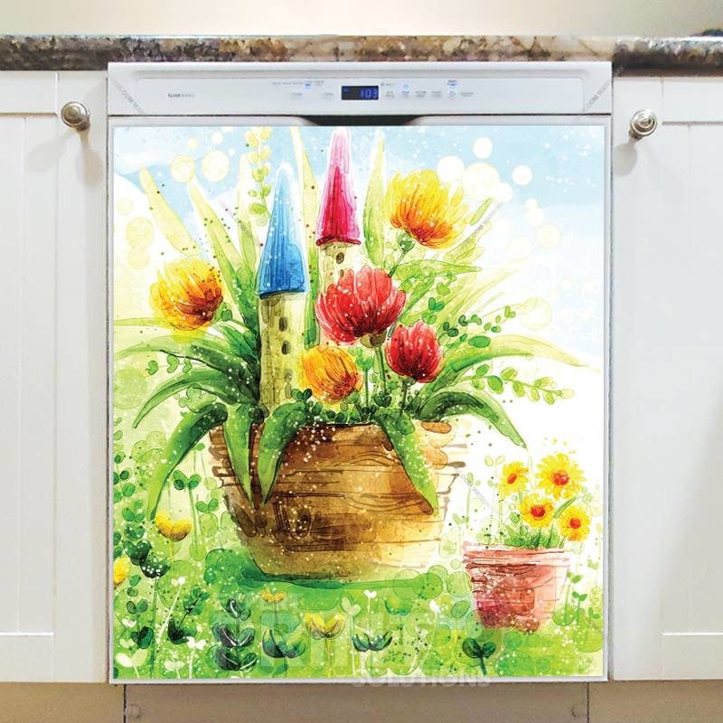 Elf Houses in a Flower Pot Dishwasher Sticker