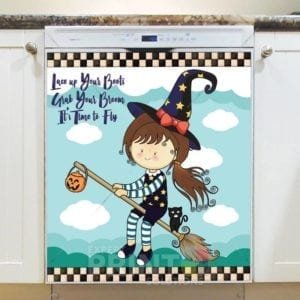 Cute Halloween Design #10 - Lace Up Your Boots, Grab Your Brooms, It's Time to Fly Dishwasher Sticker