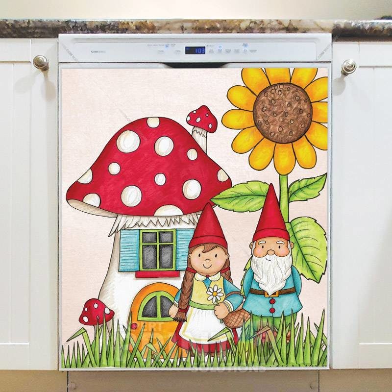 Cute Gnome Couple and Mushroom House Dishwasher Magnet