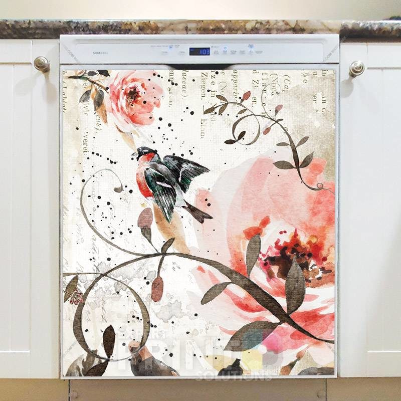 Vintage Flowers and Flying Bullfinch #2 Dishwasher Magnet