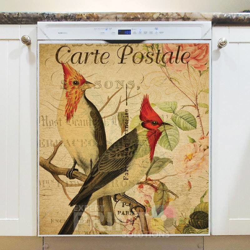Vintage Carte Postale with Birds and Flowers #1 Dishwasher Magnet