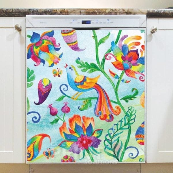Bohemian Folk Art Pattern with a Bird, Flowers and Paisley Dishwasher Magnet