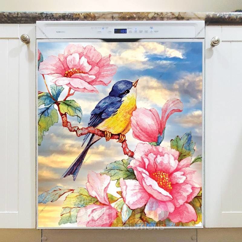 Cute Bird on a Rose Bush Dishwasher Magnet