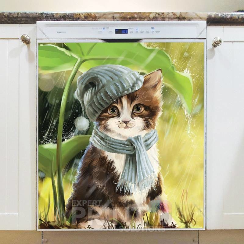 Cute Little Cat under a Big Leaf Dishwasher Magnet