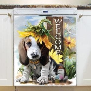 Cute Little Beagle Puppy and Sunflowers Dishwasher Magnet