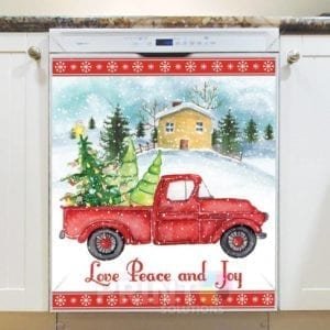 Red Christmas Truck and a Snowy Cottage Dishwasher Magnet