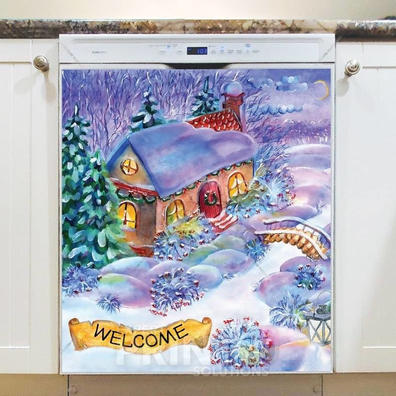 Beautiful Snowy Christmas Cottage Dishwasher Magnet